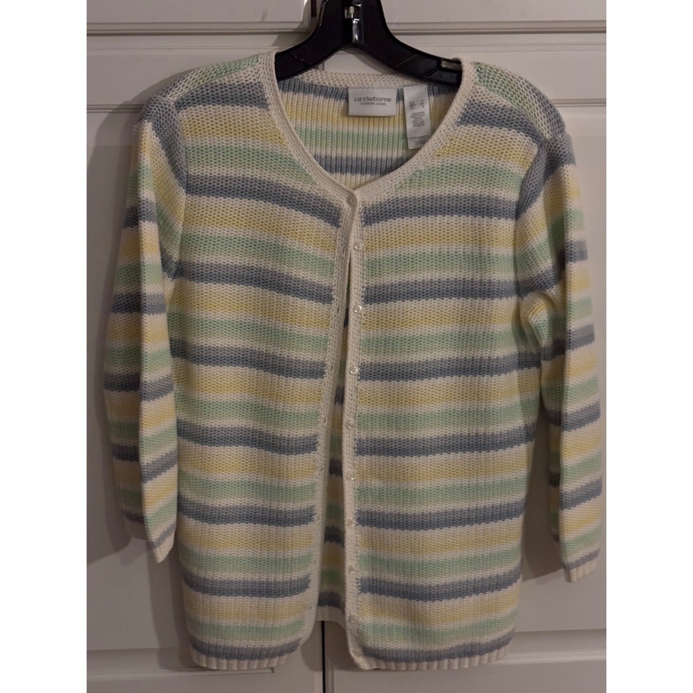 Liz Claiborne Striped‎ Knit Cardigan Pastel Colors Button Front Womens